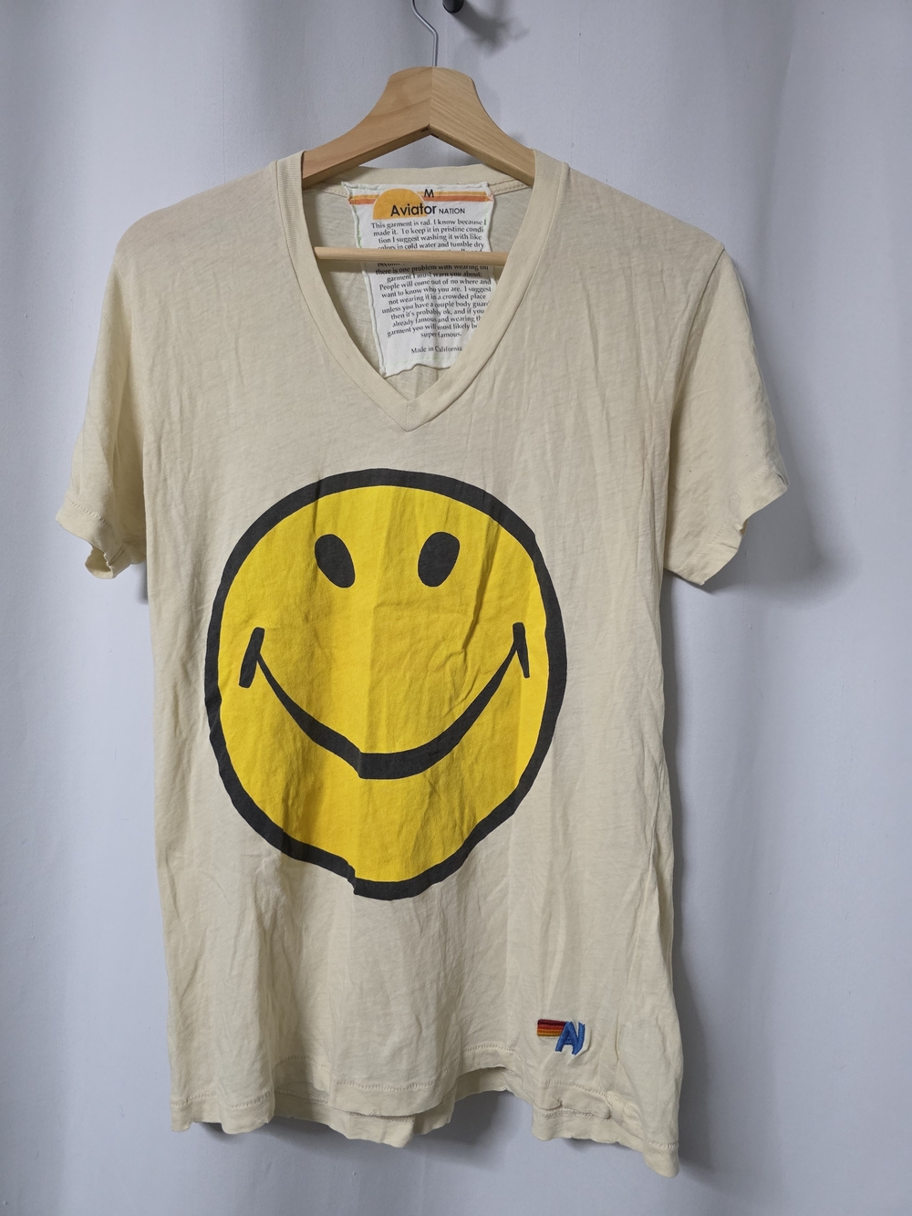 Aviator Nation Yellow Smiley V-Neck Tee MED